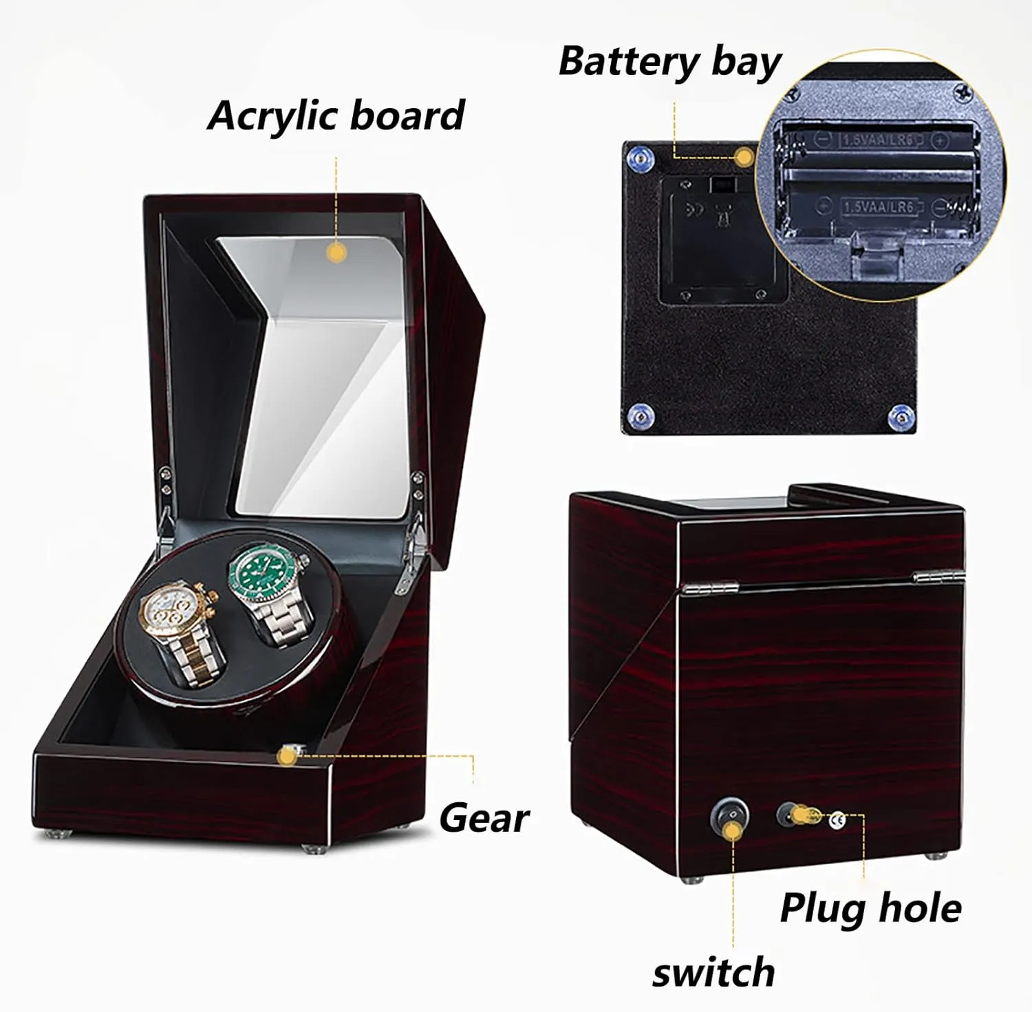 Watches Automatic Wristwatch Winding Rotating Watches Box Wooden Self-Winding Mechanical Watch Storage victimize reuse Display Case with Quiet Motor,F Double Watch Winder for 2 