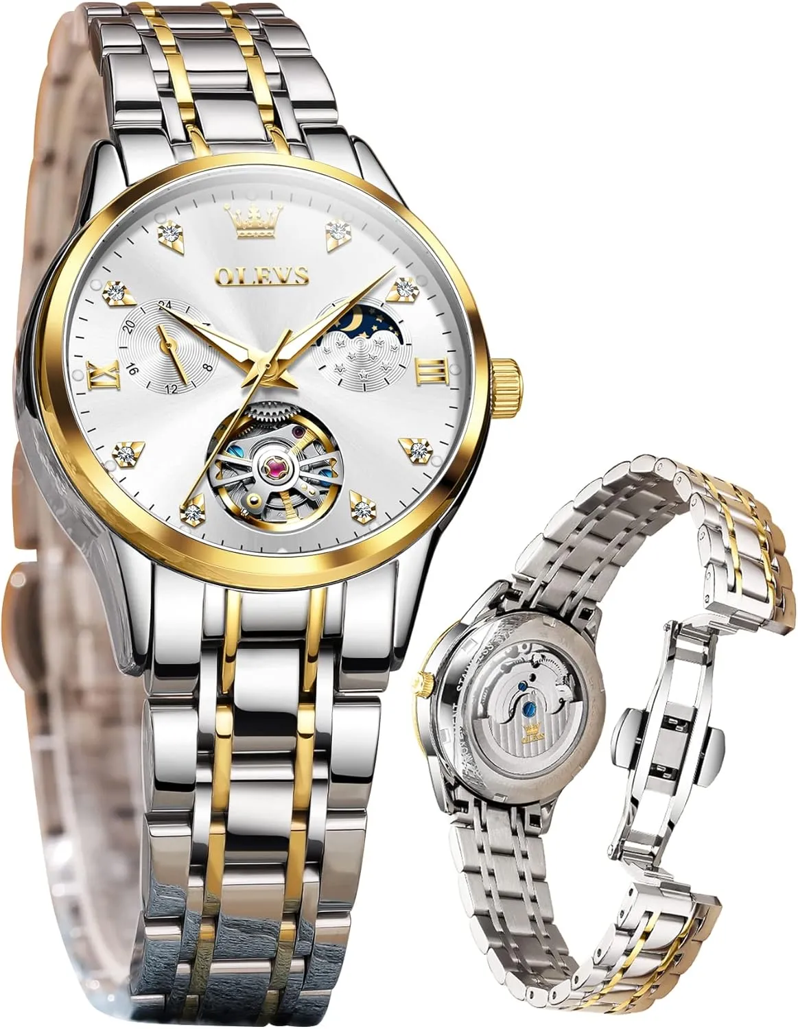 Watches Diamond Tourbillon Dress Wrist Watches Moon Phase university businesswoman barrel incessant Waterproof Luminous OLEVS Automatic Women 