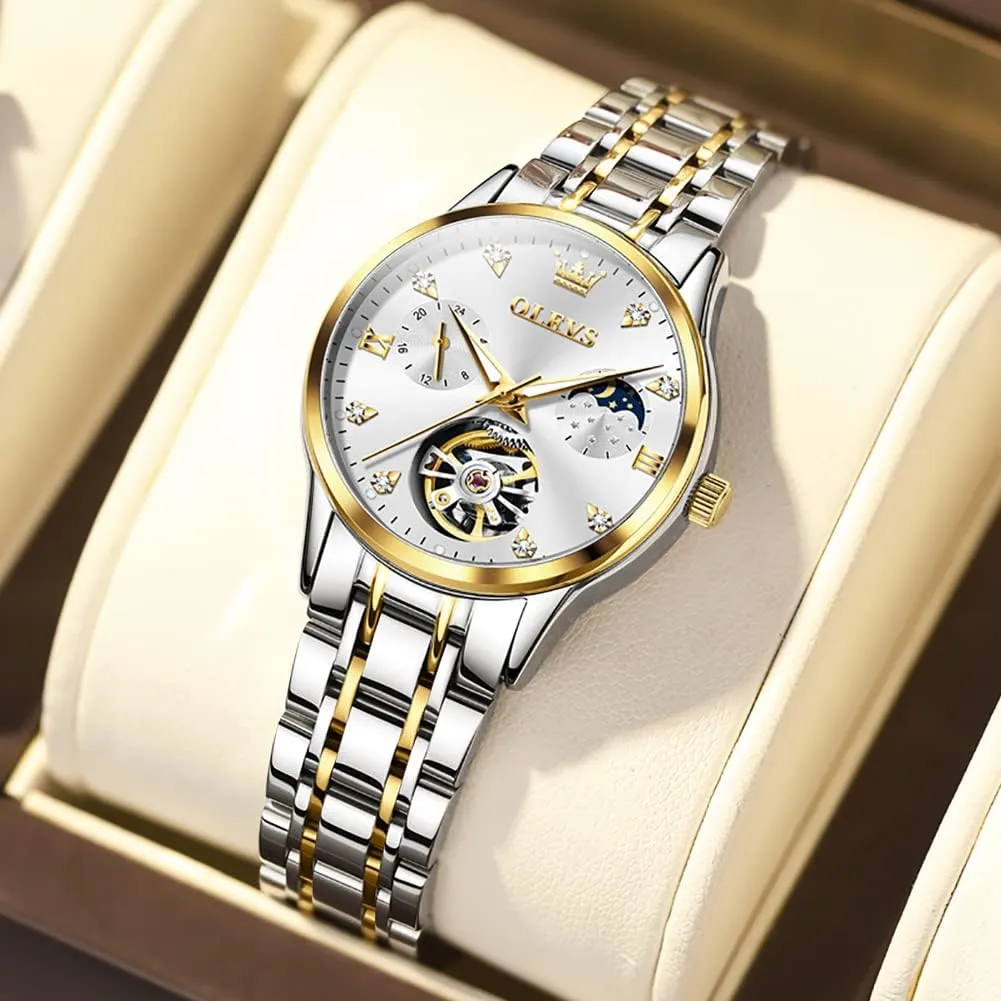 Watches Diamond Tourbillon Dress Wrist Watches Moon Phase university businesswoman barrel incessant Waterproof Luminous OLEVS Automatic Women 
