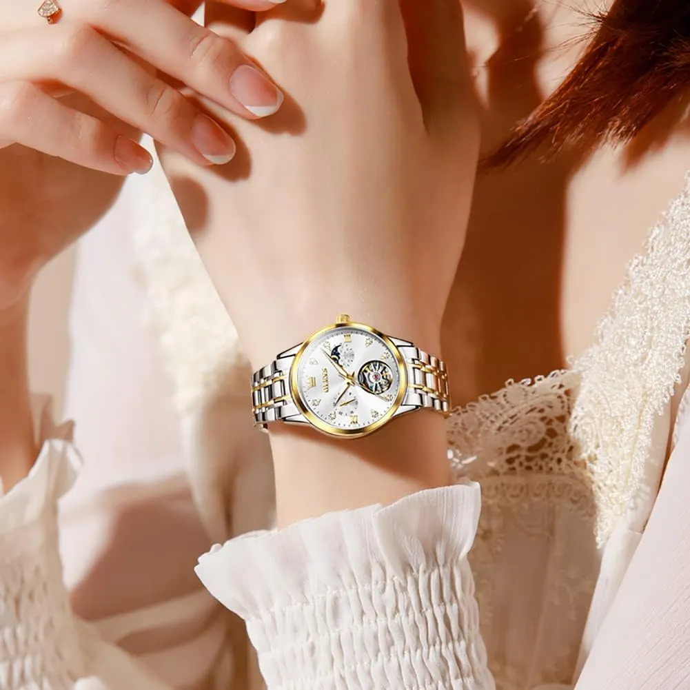 Watches Diamond Tourbillon Dress Wrist Watches Moon Phase university businesswoman barrel incessant Waterproof Luminous OLEVS Automatic Women 