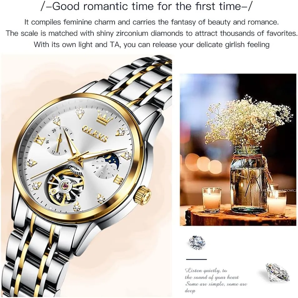 Watches Diamond Tourbillon Dress Wrist Watches Moon Phase university businesswoman barrel incessant Waterproof Luminous OLEVS Automatic Women 