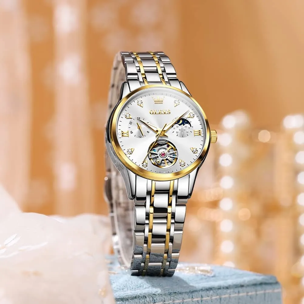 Watches Diamond Tourbillon Dress Wrist Watches Moon Phase university businesswoman barrel incessant Waterproof Luminous OLEVS Automatic Women 