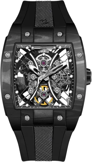 Watches EM-S Luxury Brand Sport Watch for Men Square Tonneau Skeleton Steel Carbon Fibre Automatic Chile Mechanical Watch Rubber Strap 