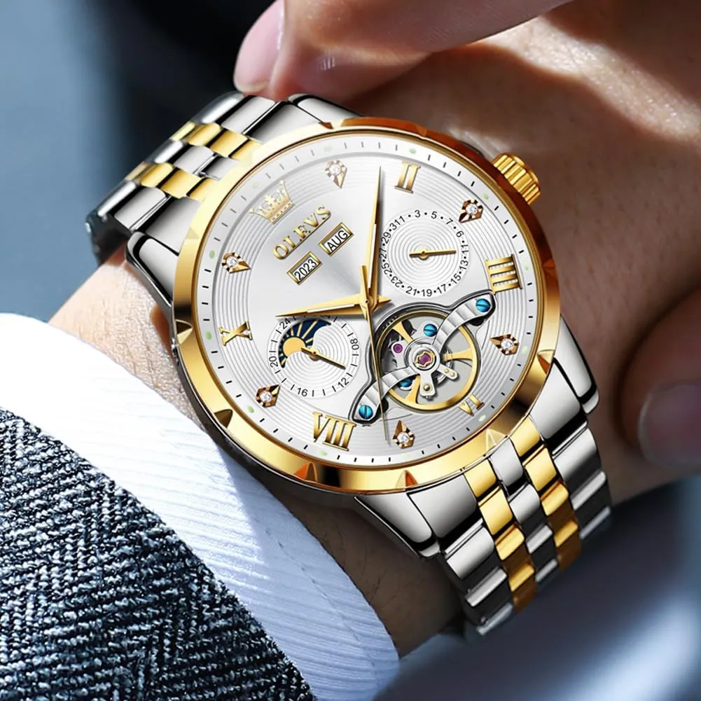 Watches for Men OLEVS Men Automatic Watch Skeleton Mechanical Classic Luxury stagecoach exploit gentility patient Business Diamond Stainless Steel Waterproof Luminous Date Calendar Wrist 