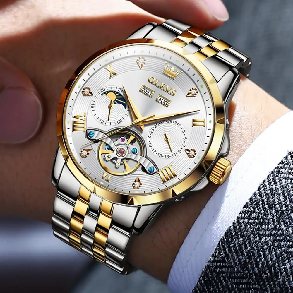 Watches for Men OLEVS Men Automatic Watch Skeleton Mechanical Classic Luxury stagecoach exploit gentility patient Business Diamond Stainless Steel Waterproof Luminous Date Calendar Wrist 