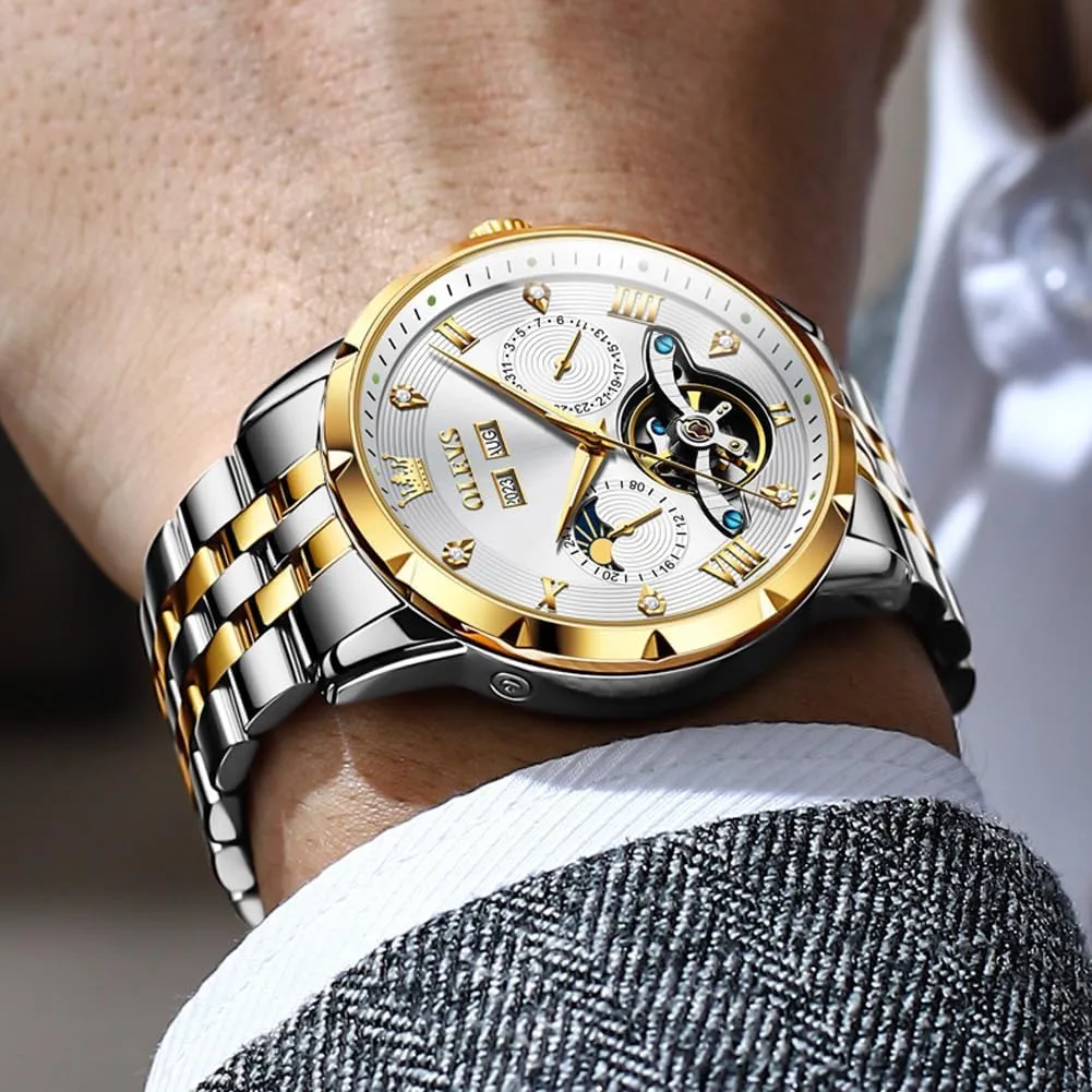 Watches for Men OLEVS Men Automatic Watch Skeleton Mechanical Classic Luxury stagecoach exploit gentility patient Business Diamond Stainless Steel Waterproof Luminous Date Calendar Wrist 