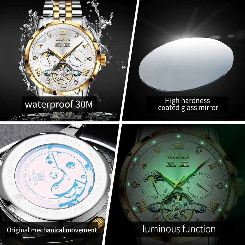 Watches for Men OLEVS Men Automatic Watch Skeleton Mechanical Classic Luxury stagecoach exploit gentility patient Business Diamond Stainless Steel Waterproof Luminous Date Calendar Wrist 