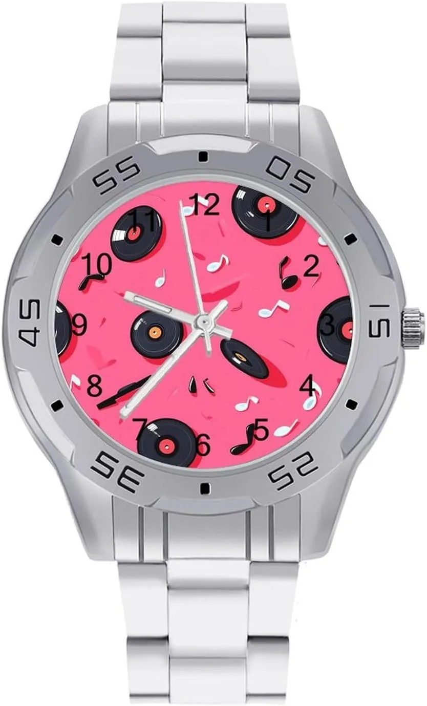 Watches for Men Silver Casual Big Face Dress Watch Easy to Read marketable Vinyl Records Musical Notes 80s Simple Wrist 