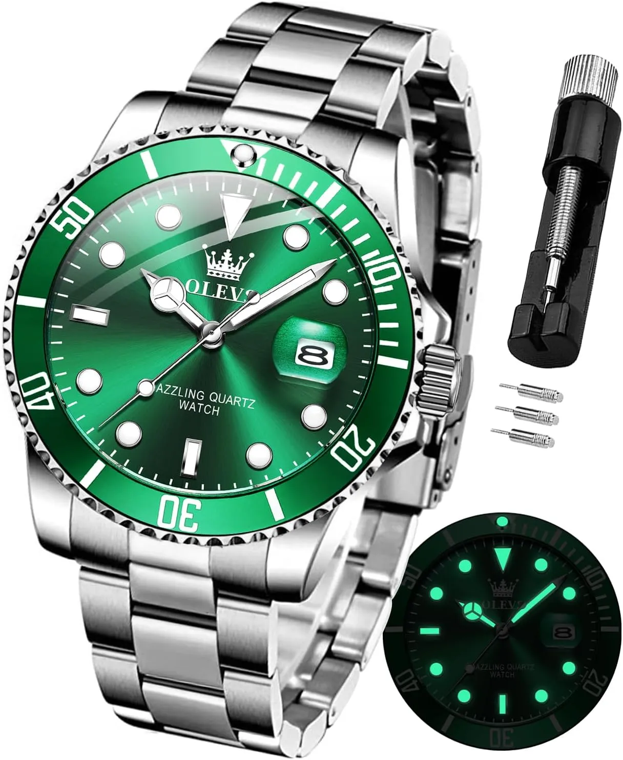 Watches for Men Stainless Steel Analog Quartz photojournalism openly pillar Chronograph Moon Phase Watch Waterproof Date Luminous Wrist Male Watches,Gift for Men OLEVS 