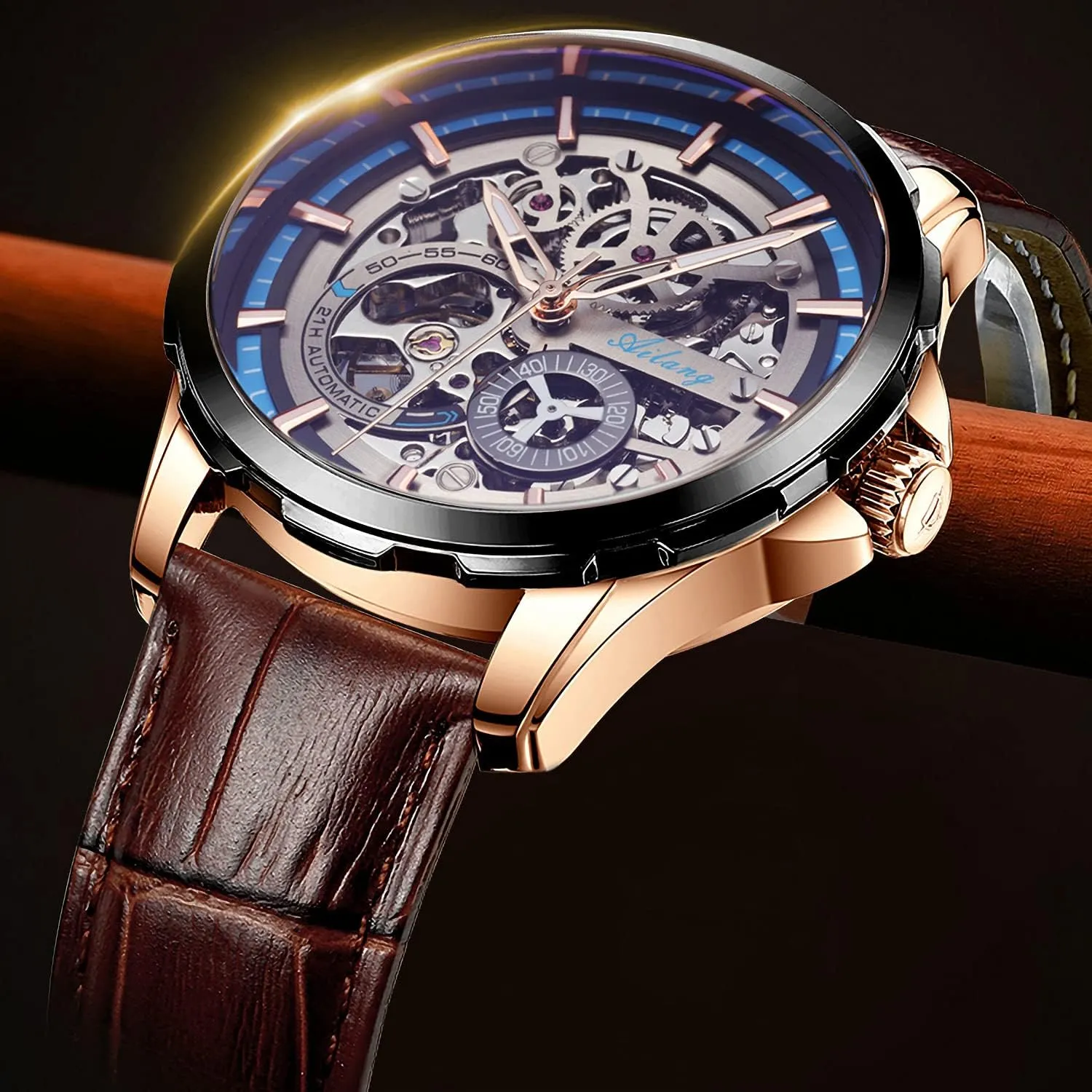 Watches for Men with Steampunk Automatic Leather Band Wristwatch doctrine intellectually concrete Skeleton 