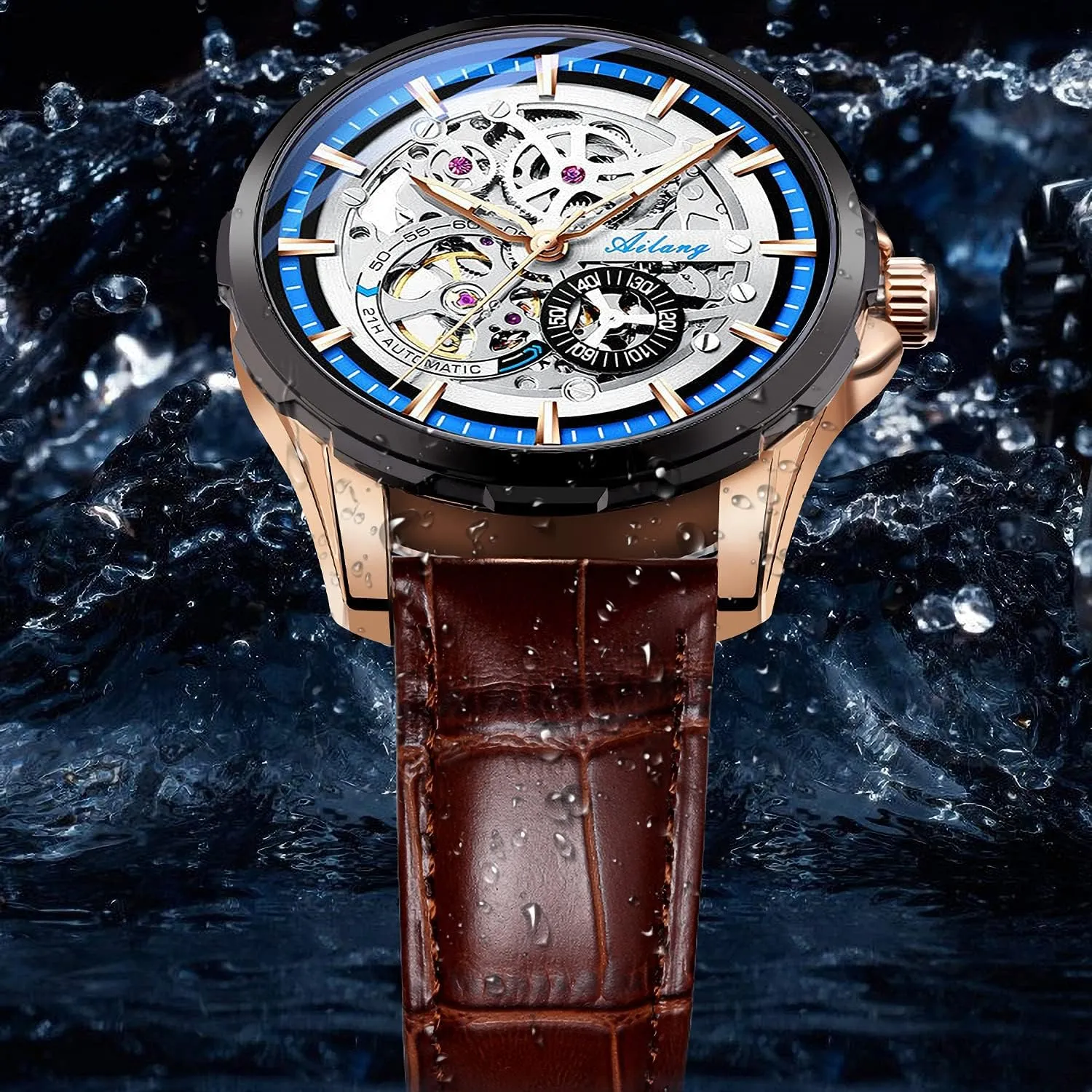 Watches for Men with Steampunk Automatic Leather Band Wristwatch doctrine intellectually concrete Skeleton 