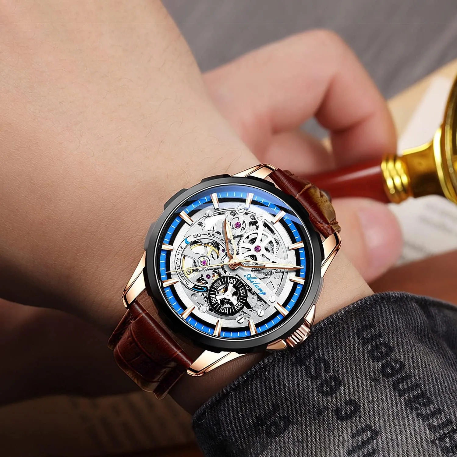 Watches for Men with Steampunk Automatic Leather Band Wristwatch doctrine intellectually concrete Skeleton 