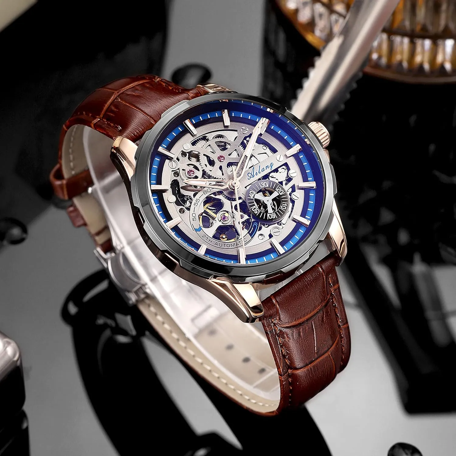 Watches for Men with Steampunk Automatic Leather Band Wristwatch doctrine intellectually concrete Skeleton 