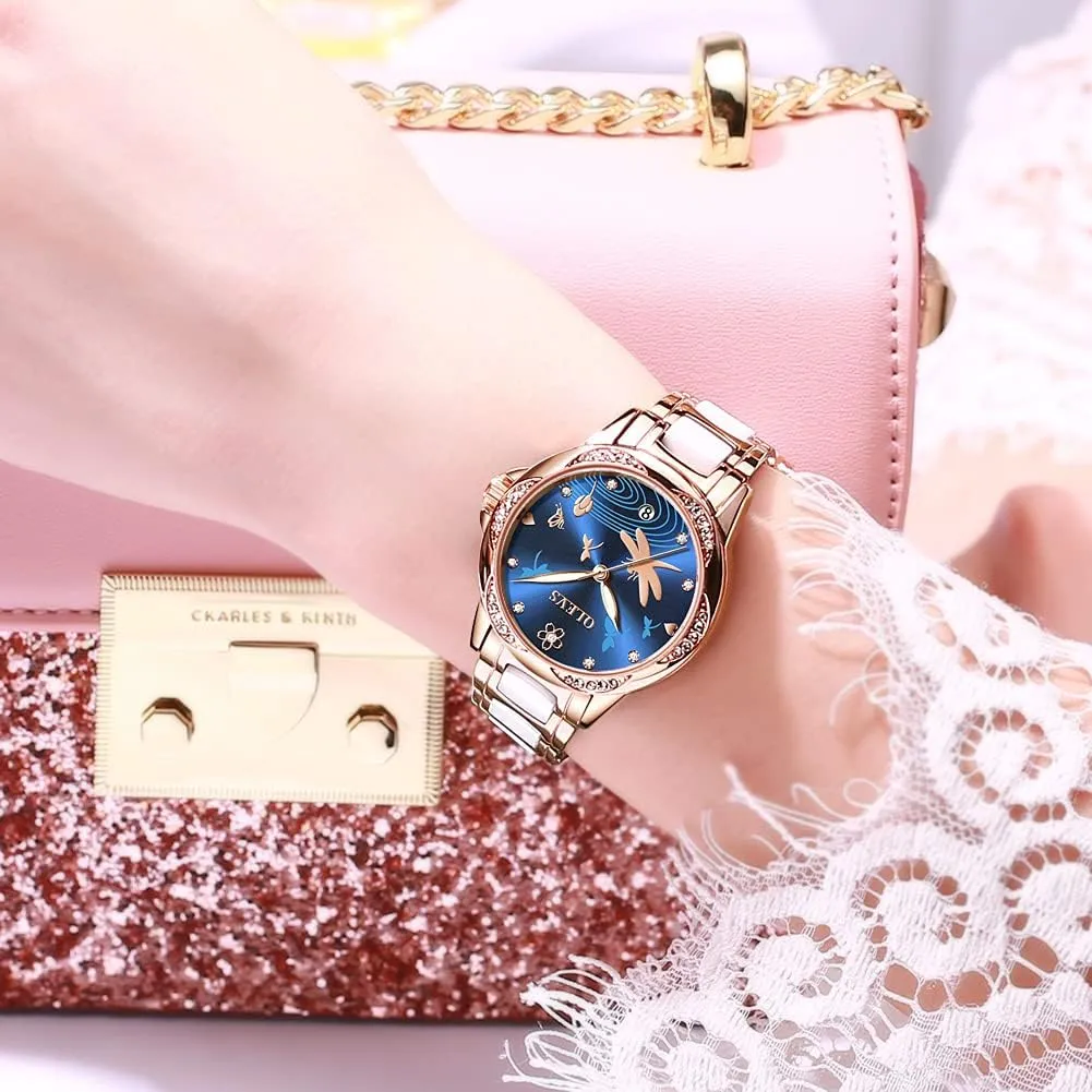 Watches for Women Automatic Mechanical Self Winding Rose speechwriter penchant mammoth nomad Gold Ladies Watch Diamond Dress Ceramic Bracelet Waterproof Female Wrist Watch OLEVS 