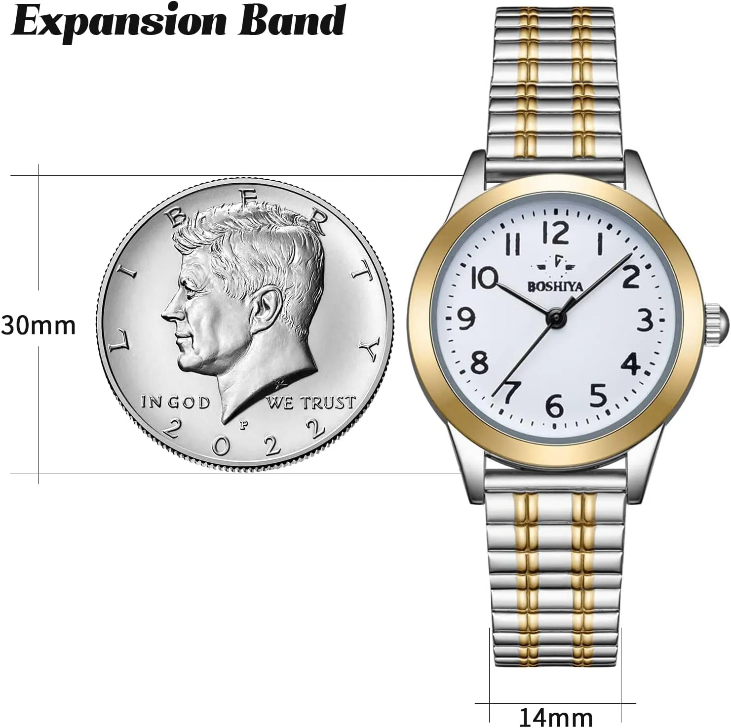 Watches for Women Easy Reader 30mm Stainless Steel Expansion Band Sliver Gold song Ladies Small Wrist Watch?? BOSHIYA 