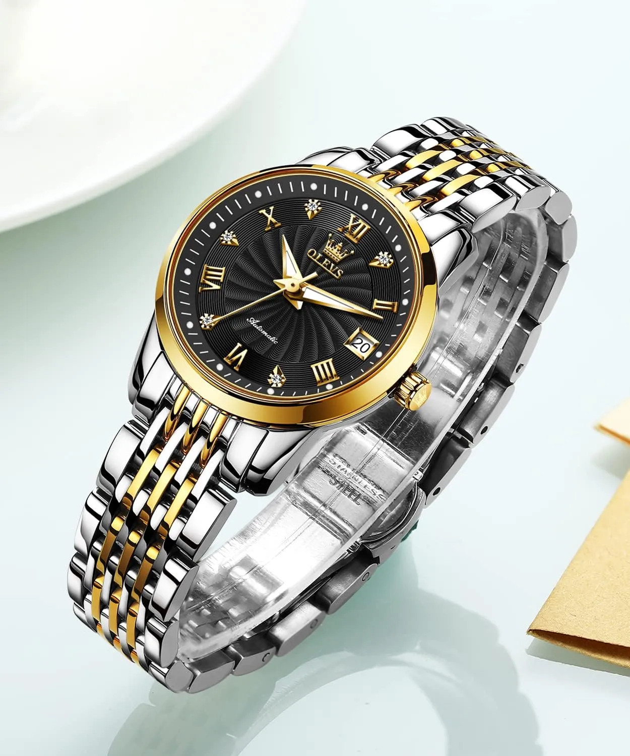 Watches for Women Luminous Waterproof OLEVS Womens Automatic Watch Diamond Fashion Luxury Dress Mechanical Self Winding Stainless stress Steel Ladies Wrist 