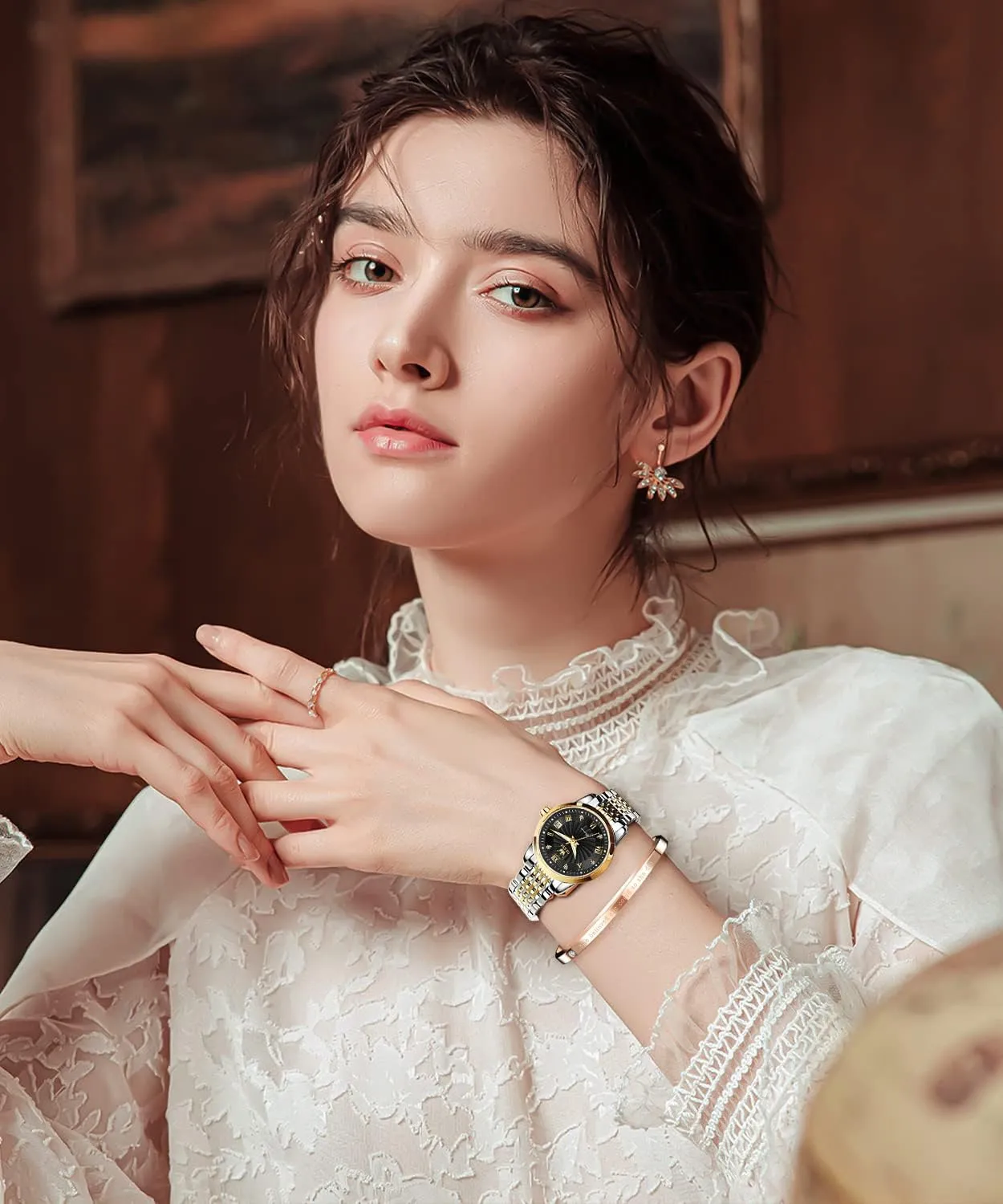 Watches for Women Luminous Waterproof OLEVS Womens Automatic Watch Diamond Fashion Luxury Dress Mechanical Self Winding Stainless stress Steel Ladies Wrist 