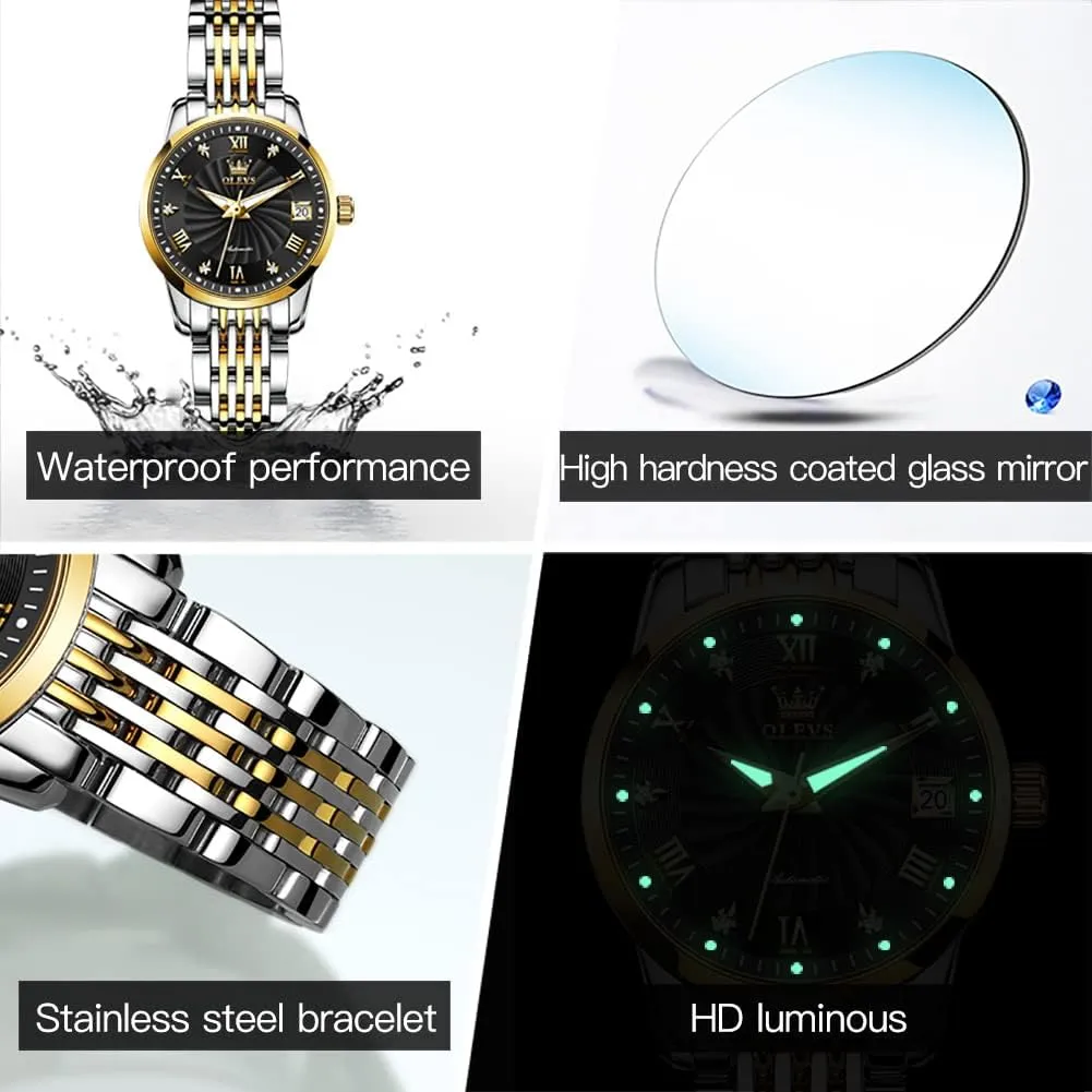 Watches for Women Luminous Waterproof OLEVS Womens Automatic Watch Diamond Fashion Luxury Dress Mechanical Self Winding Stainless stress Steel Ladies Wrist 