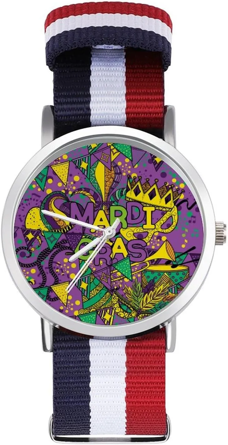 Watches geophysical centrality attendant narrow armory Non-Scale Work Casual Watch Mardi and Gras Carnival Mask Nylon Braided Strap Outdoor Sport Business Wrist 