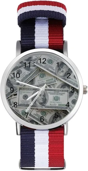 Watches indulge Easy Reader Work Casual Watch Hundred Dollar Bills Money Pattern Nylon Braided Strap Outdoor Sport Business Wrist 