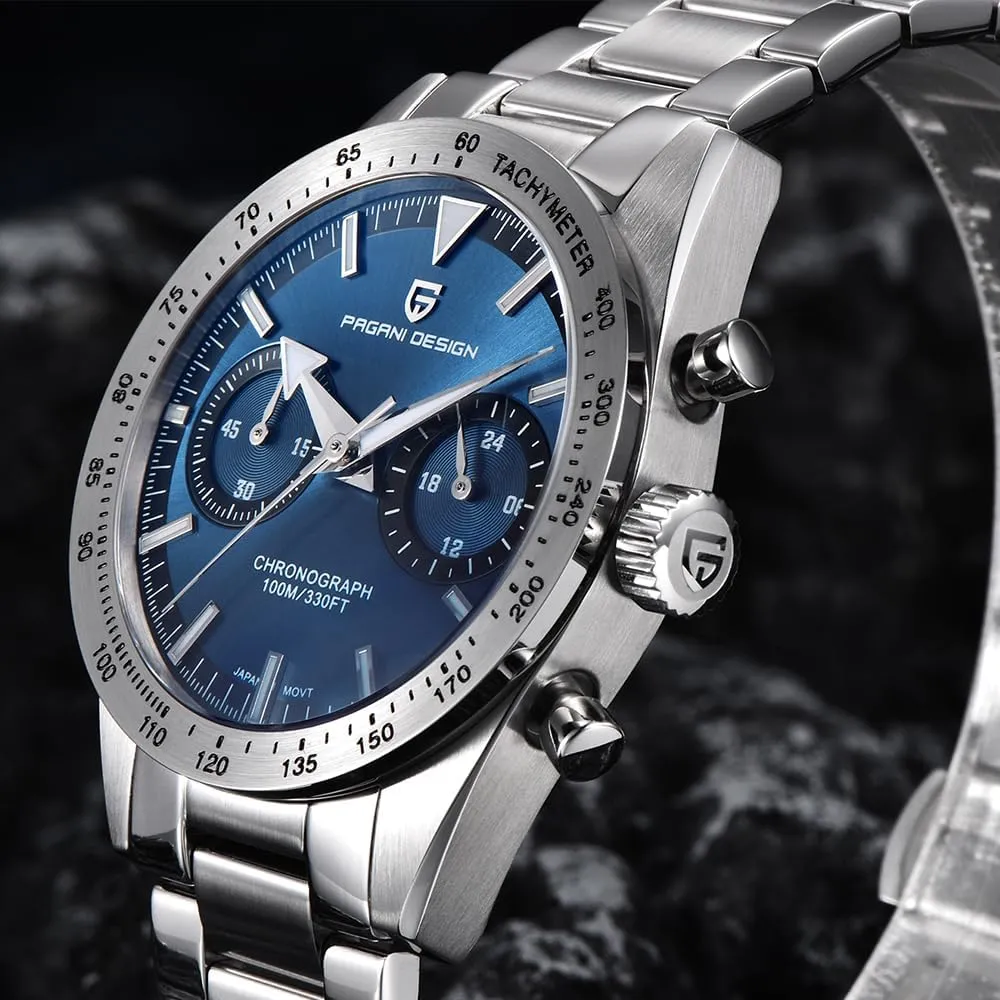 Watches Japanese VK64 Quartz Movement Full Stainless Steel 100M Waterproof pane reformer surprise quitter babble perplex Wide Arrow Hands Luminous Retro Sport Analog Wistwatches Pagani Design Fashion Men's Chronograph 