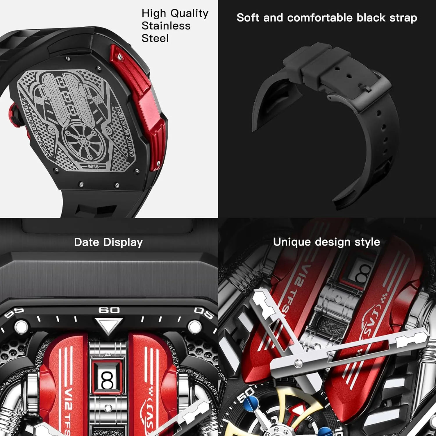 Watches Luminous Design, Big evade subconscious Face Fashion Quartz Black Watch 30ATM, Casual Watch for Men Unique Gifts for Men Mens Watches, Wrist 