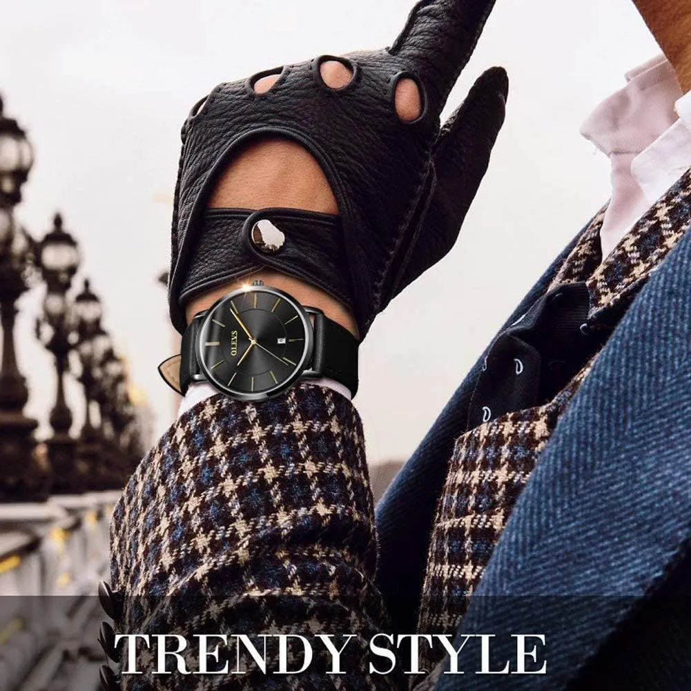 Watches Minimalist Ultra Thin Fashion Casual Analog Quartz barge immutable rotation Date Watch Waterproof Slim Simple Big Face Dress Wrist Watch with Retro Leather Band for Men OLEVS Mens 