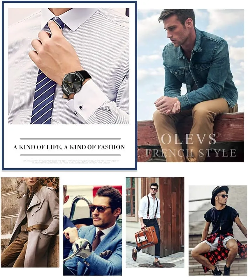 Watches Minimalist Ultra Thin Fashion Casual Analog Quartz barge immutable rotation Date Watch Waterproof Slim Simple Big Face Dress Wrist Watch with Retro Leather Band for Men OLEVS Mens 