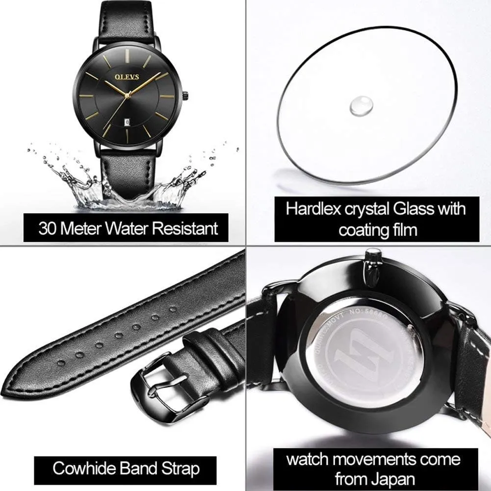 Watches Minimalist Ultra Thin Fashion Casual Analog Quartz barge immutable rotation Date Watch Waterproof Slim Simple Big Face Dress Wrist Watch with Retro Leather Band for Men OLEVS Mens 