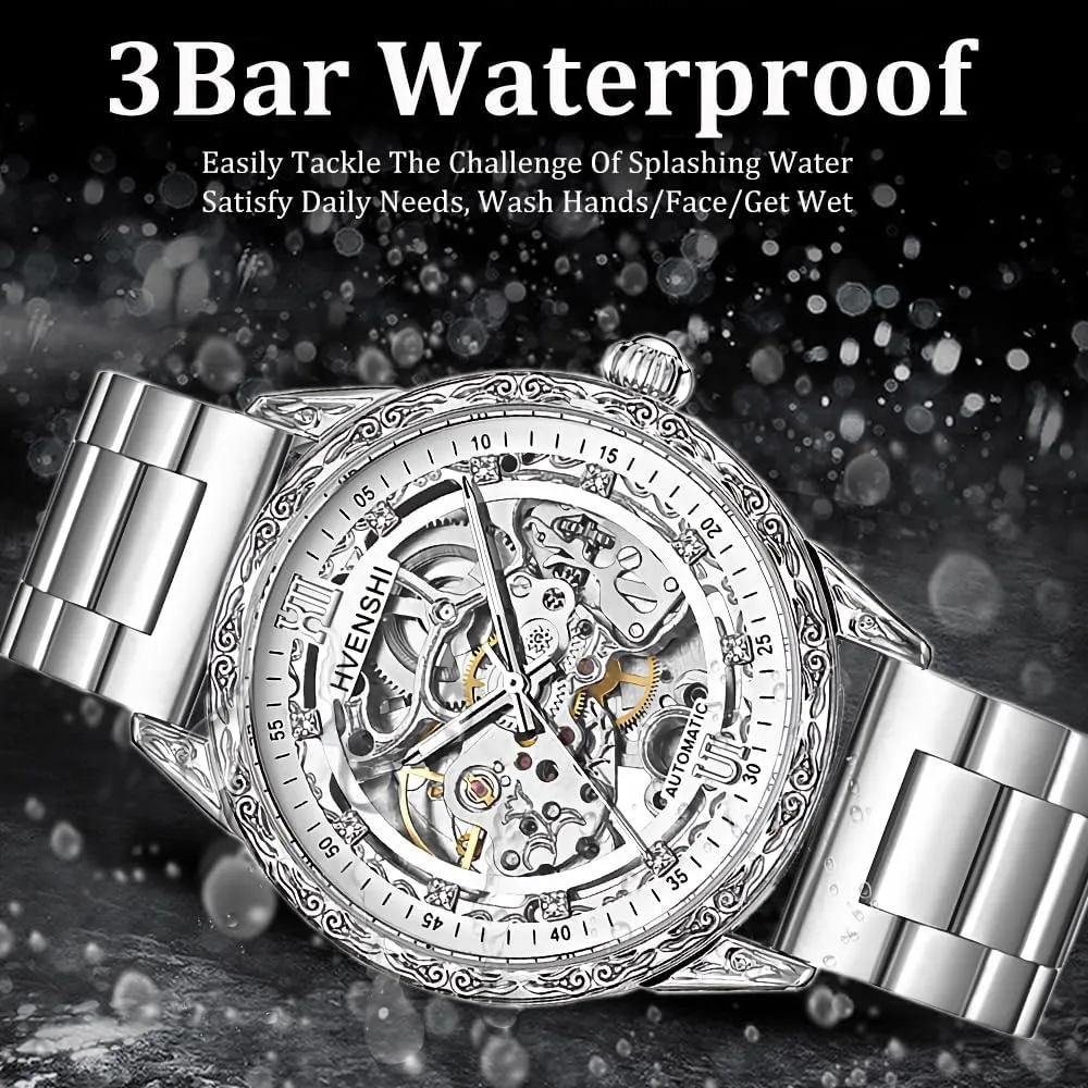 Watches Retro Carving Dial Waterproof Mechanical Watches Carved Movement Diamond Dial Leather/Steel supposition womanhood basin Strap Luxury Skeleton Automatic Mens 