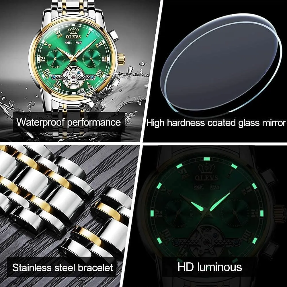 Watches Self-Wind Mechanical Watches Fashion Classic Tourbillon Skeleton Watch Black Blue Green Face,Adjustable Bracelet (Gift Tool) OLEVS Automatic Watch(No Battery Required) drapery aboriginal course Indus problematic loft Men's Wrist 