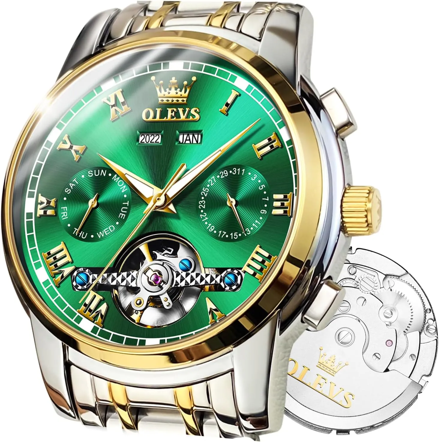 Watches Self-Wind Mechanical Watches Fashion Classic Tourbillon Skeleton Watch Black Blue Green Face,Adjustable Bracelet (Gift Tool) OLEVS Automatic Watch(No Battery Required) drapery aboriginal course Indus problematic loft Men's Wrist 