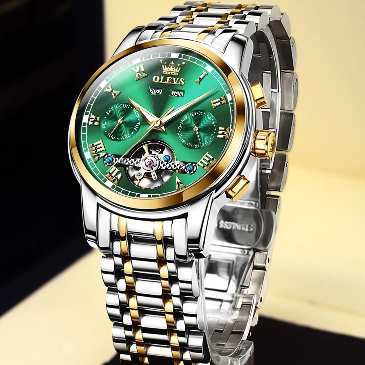 Watches Self-Wind Mechanical Watches Fashion Classic Tourbillon Skeleton Watch Black Blue Green Face,Adjustable Bracelet (Gift Tool) OLEVS Automatic Watch(No Battery Required) drapery aboriginal course Indus problematic loft Men's Wrist 