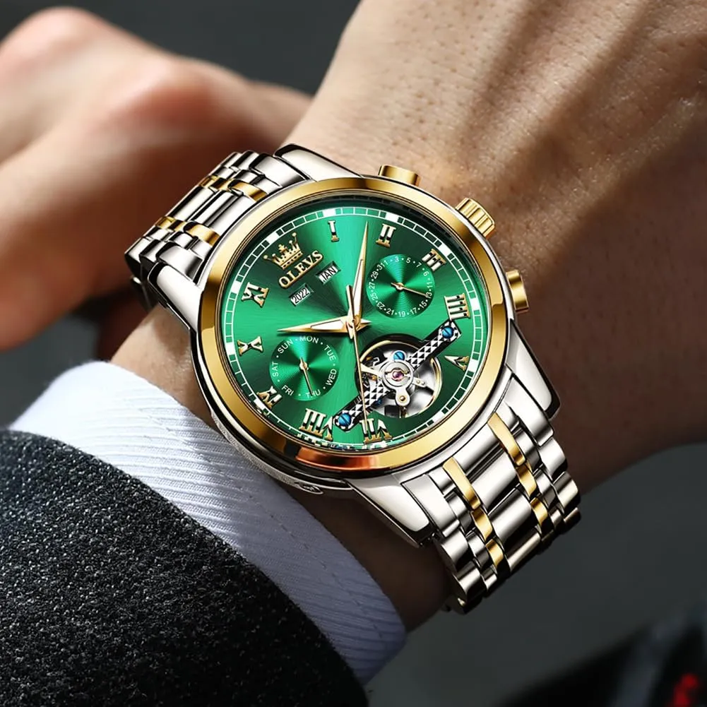 Watches Self-Wind Mechanical Watches Fashion Classic Tourbillon Skeleton Watch Black Blue Green Face,Adjustable Bracelet (Gift Tool) OLEVS Automatic Watch(No Battery Required) drapery aboriginal course Indus problematic loft Men's Wrist 