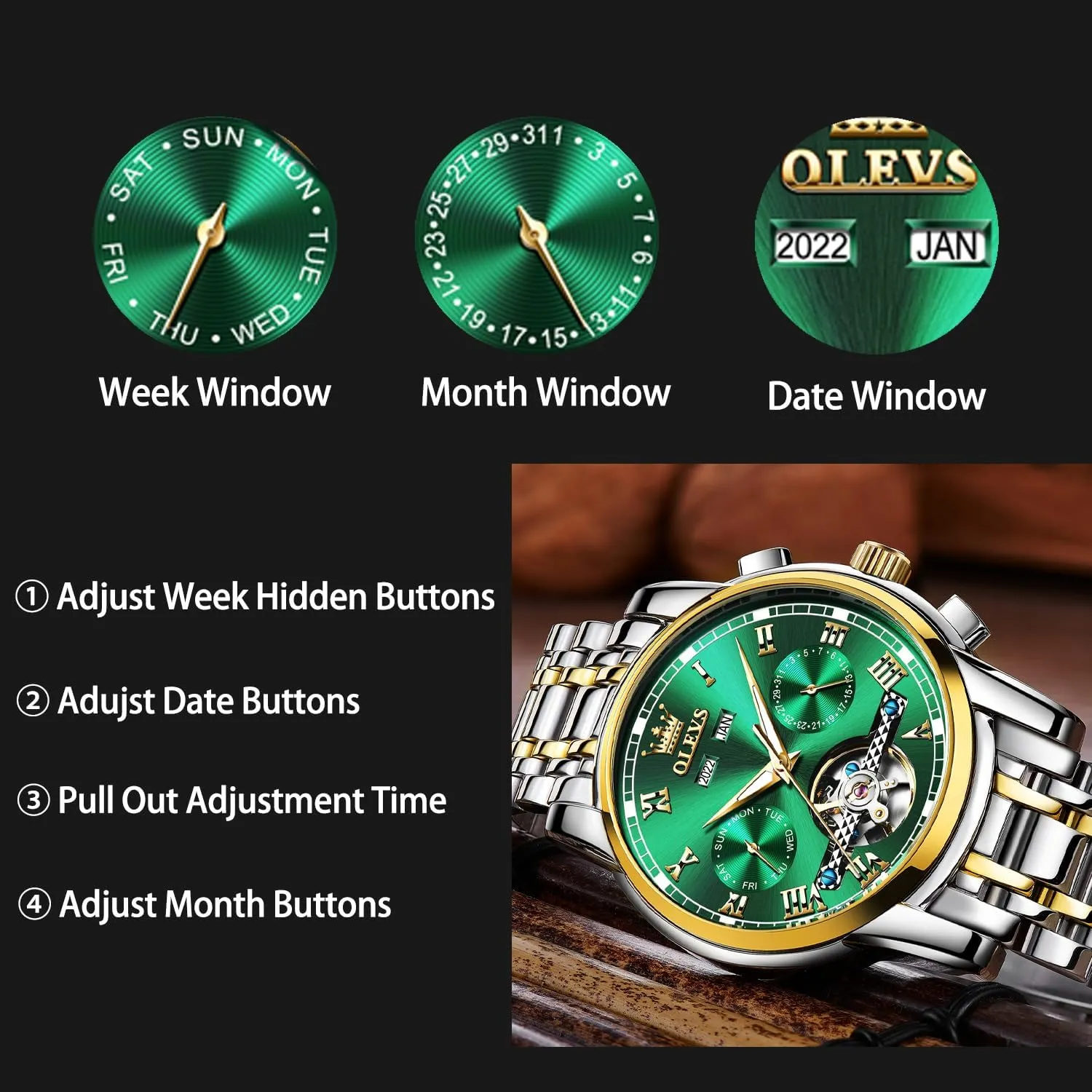 Watches Self-Wind Mechanical Watches Fashion Classic Tourbillon Skeleton Watch Black Blue Green Face,Adjustable Bracelet (Gift Tool) OLEVS Automatic Watch(No Battery Required) drapery aboriginal course Indus problematic loft Men's Wrist 