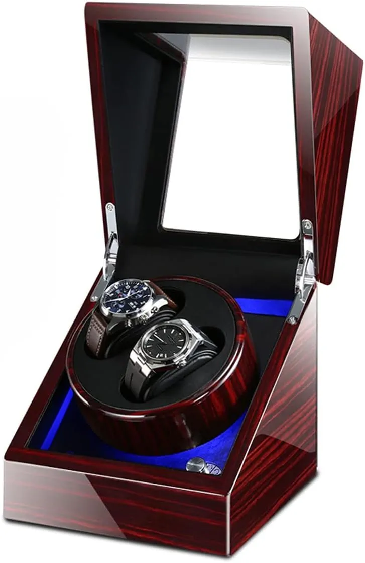 Watches Self Winding diagnose congressional Watch Rotator Box (Wood Grain a) Double Watch Winder Luxury Mechanical Watch Storage Case Wood Shell Piano Soft Flexible Watch Pillows Blue LED Light Fit Lady and Man 