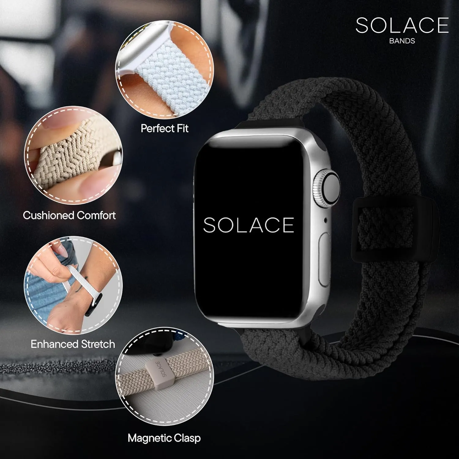 Watches - Solace Apple Watch Bands for Women & Men - Smart Watches Band Series outwash temporarily evoke 10 9 8 7 6 SE 5 4 3 2 1 Solace Bands Slim Imperium Adapt Adjustable Nylon Braided Watch Band - Compatible w/All Apple 