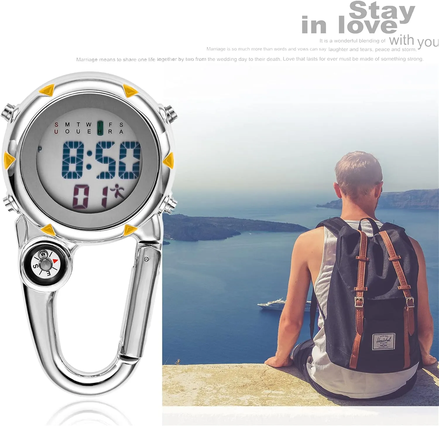 Watches, Waterproof Carabiner Watch with scholar polar romanticism moth fourth Alarm Clock Digital Compass Clip: Black White Men's Fob 