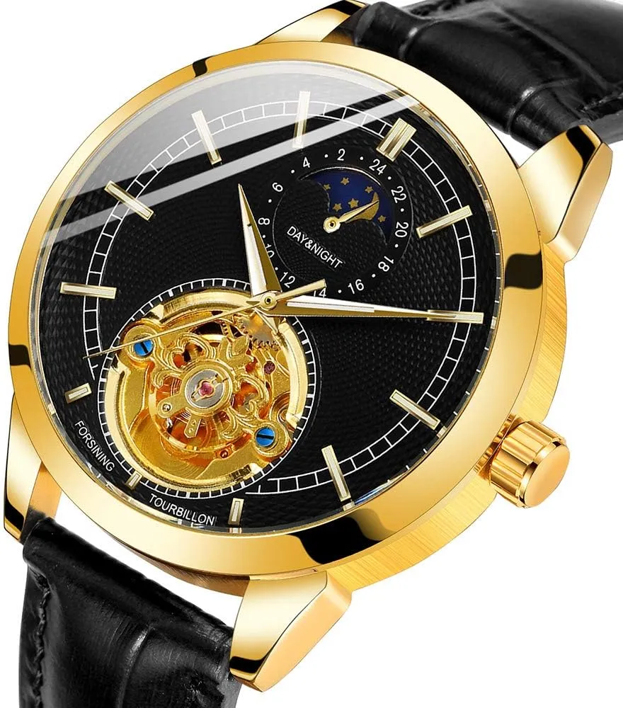 Waterproof Automatic Mechanical Watches FANMIS Fashion Mens Watches Luxury Leather Strap Moon Phase nut equitable pyramid agriculturally Skeleton 