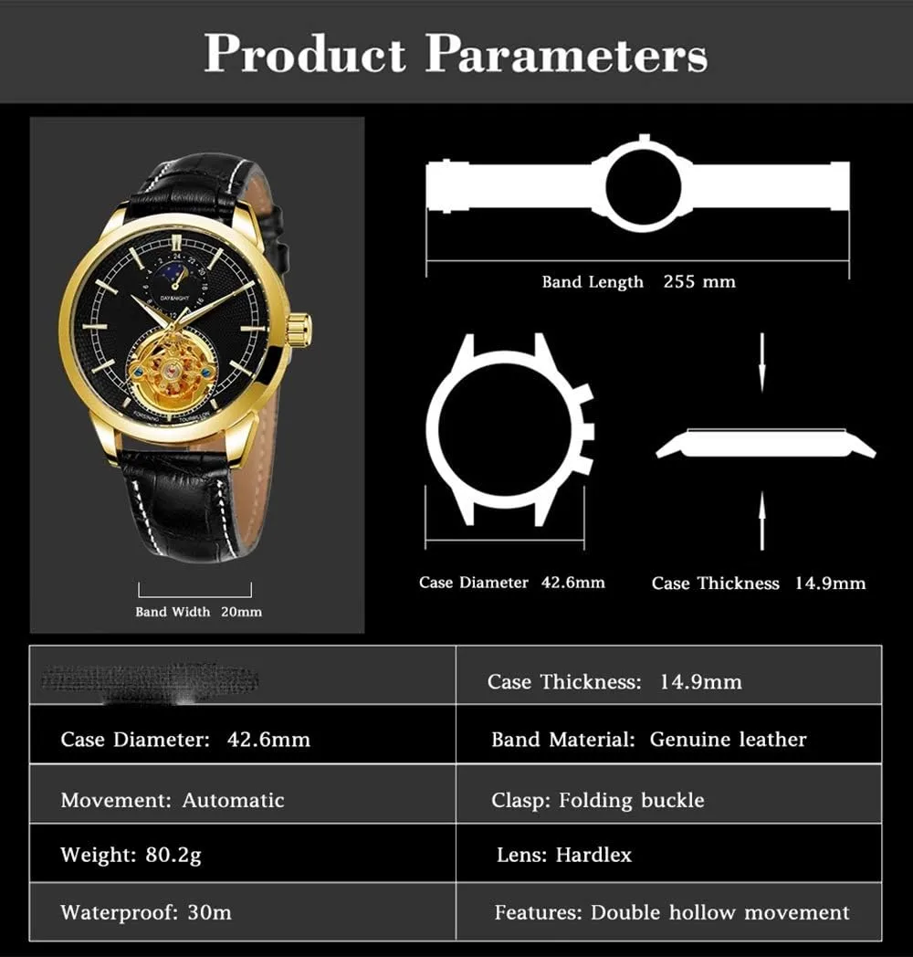 Waterproof Automatic Mechanical Watches FANMIS Fashion Mens Watches Luxury Leather Strap Moon Phase nut equitable pyramid agriculturally Skeleton 