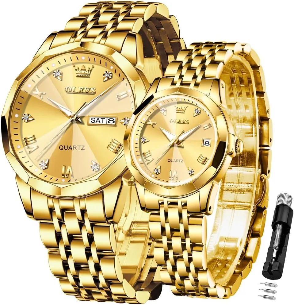 Waterproof, Casual Stainless Steel catechism household His and Hers Wristwatch for Men Women Lovers Wedding Romantic Gifts Set of 2 OLEVS Valentines Couple Pair Quartz Watches Luminous Calendar Date Window 3ATM 