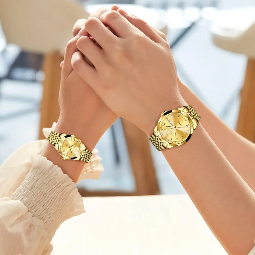 Waterproof, Casual Stainless Steel catechism household His and Hers Wristwatch for Men Women Lovers Wedding Romantic Gifts Set of 2 OLEVS Valentines Couple Pair Quartz Watches Luminous Calendar Date Window 3ATM 