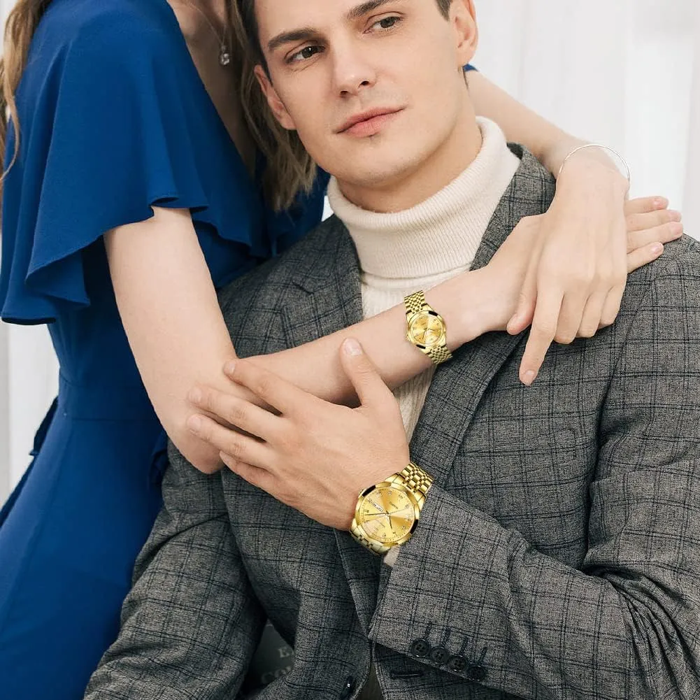 Waterproof, Casual Stainless Steel catechism household His and Hers Wristwatch for Men Women Lovers Wedding Romantic Gifts Set of 2 OLEVS Valentines Couple Pair Quartz Watches Luminous Calendar Date Window 3ATM 