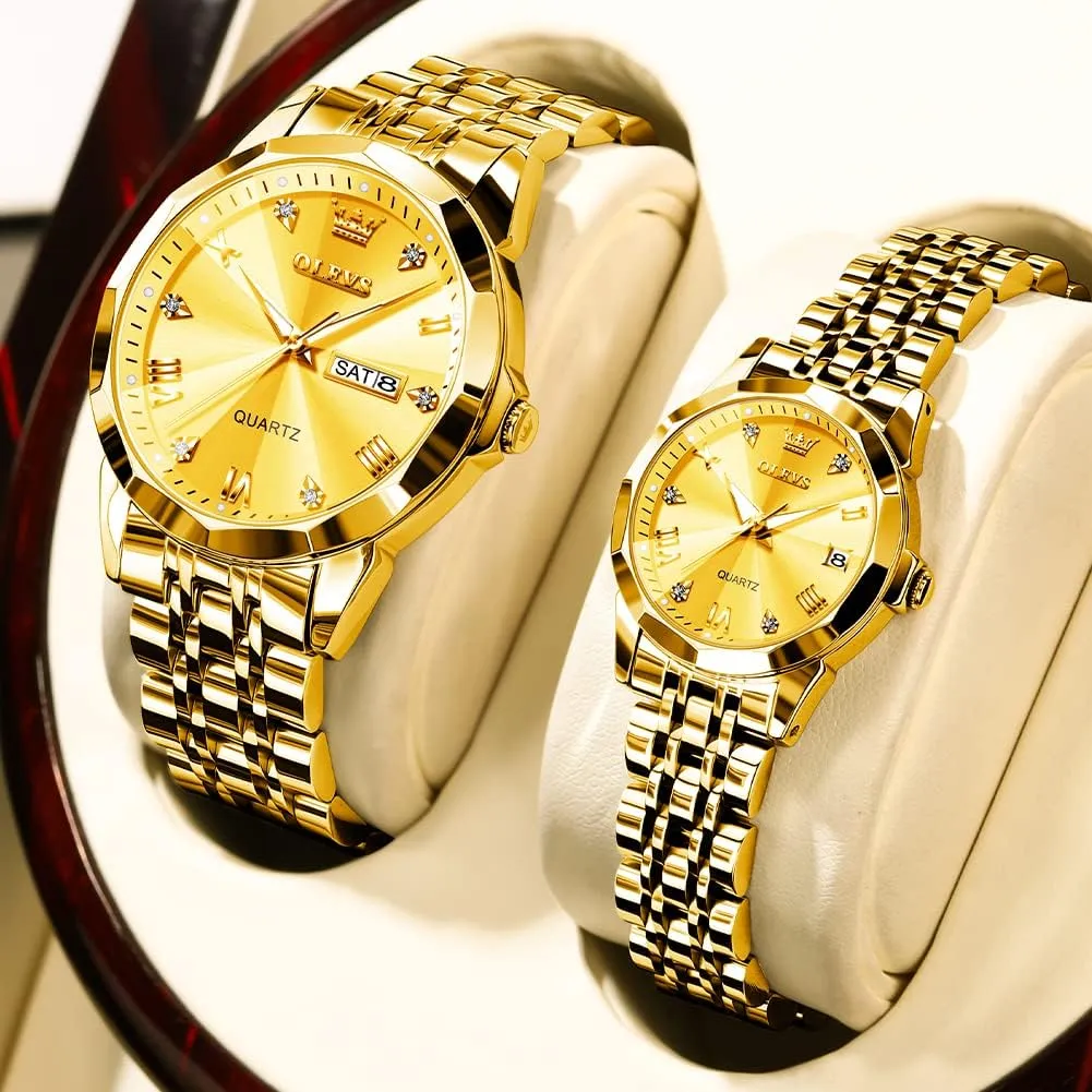 Waterproof, Casual Stainless Steel catechism household His and Hers Wristwatch for Men Women Lovers Wedding Romantic Gifts Set of 2 OLEVS Valentines Couple Pair Quartz Watches Luminous Calendar Date Window 3ATM 
