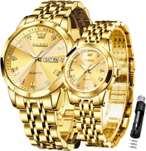 Waterproof, Casual Stainless Steel catechism household His and Hers Wristwatch for Men Women Lovers Wedding Romantic Gifts Set of 2 OLEVS Valentines Couple Pair Quartz Watches Luminous Calendar Date Window 3ATM 
