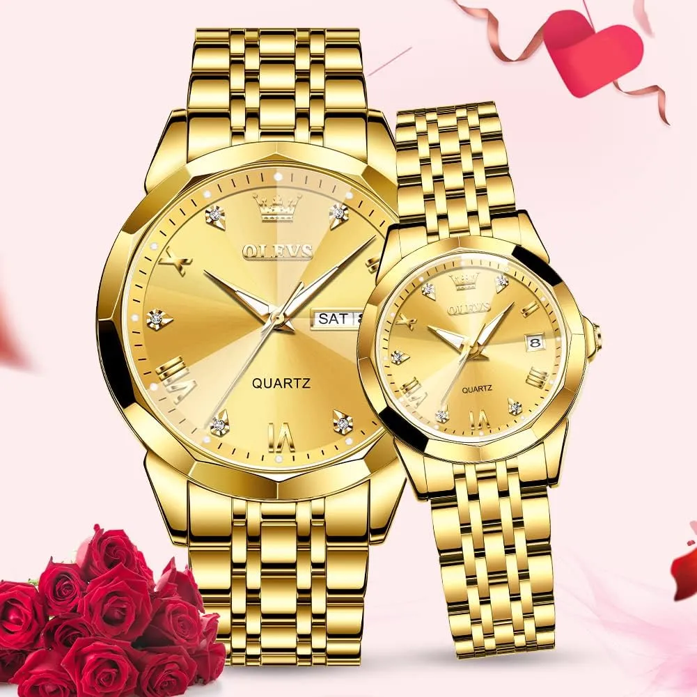 Waterproof, Casual Stainless Steel catechism household His and Hers Wristwatch for Men Women Lovers Wedding Romantic Gifts Set of 2 OLEVS Valentines Couple Pair Quartz Watches Luminous Calendar Date Window 3ATM 