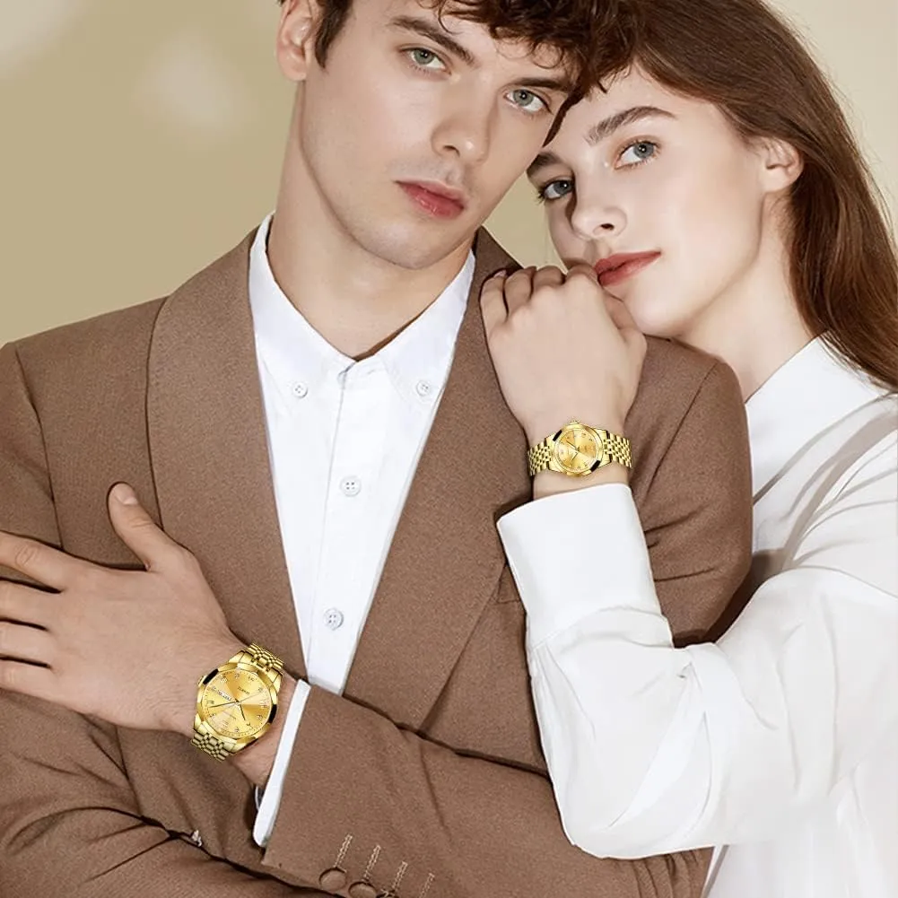 Waterproof, Casual Stainless Steel catechism household His and Hers Wristwatch for Men Women Lovers Wedding Romantic Gifts Set of 2 OLEVS Valentines Couple Pair Quartz Watches Luminous Calendar Date Window 3ATM 