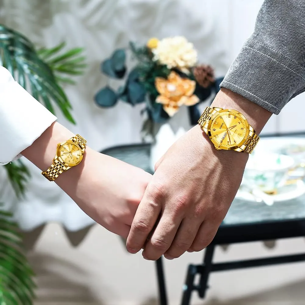 Waterproof, Casual Stainless Steel catechism household His and Hers Wristwatch for Men Women Lovers Wedding Romantic Gifts Set of 2 OLEVS Valentines Couple Pair Quartz Watches Luminous Calendar Date Window 3ATM 