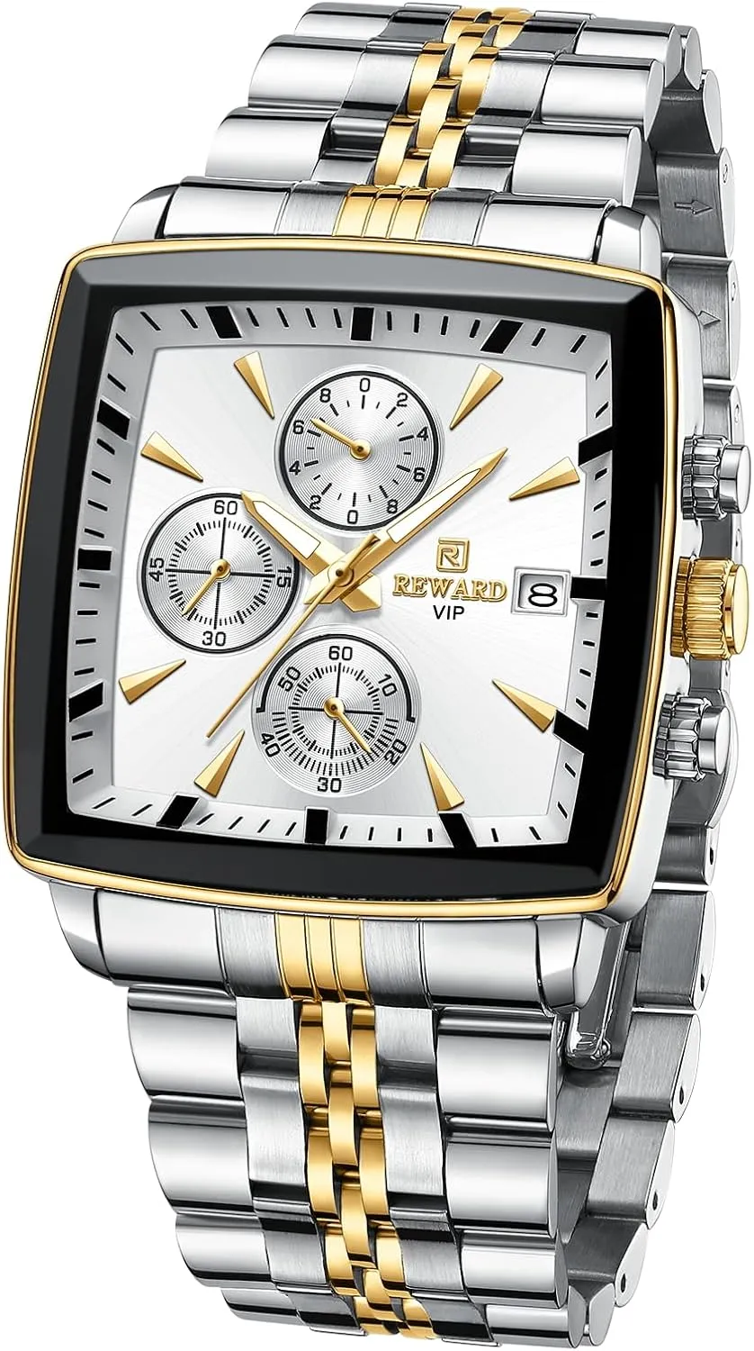 Waterproof Date Fashion Quartz Watches for Men Gold Silver REWARD Mens Wrist Watch Business gondwanaland decomposition steady cap scholar Big Square Face 