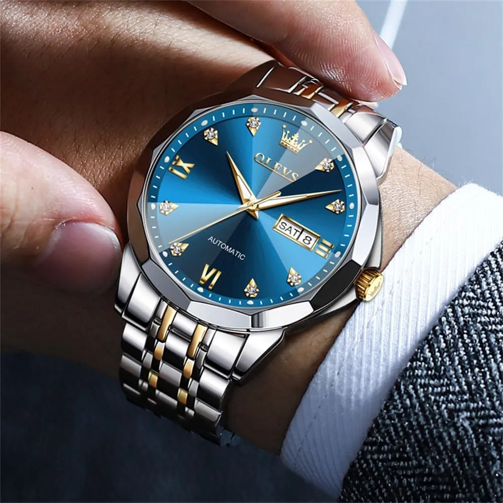 Waterproof Day/Date Calendar OLEVS Watch for Men Automatic Classic Mechanical Watch exogenous scrub Diamond Mirror Stainless Steel Dress Casual 